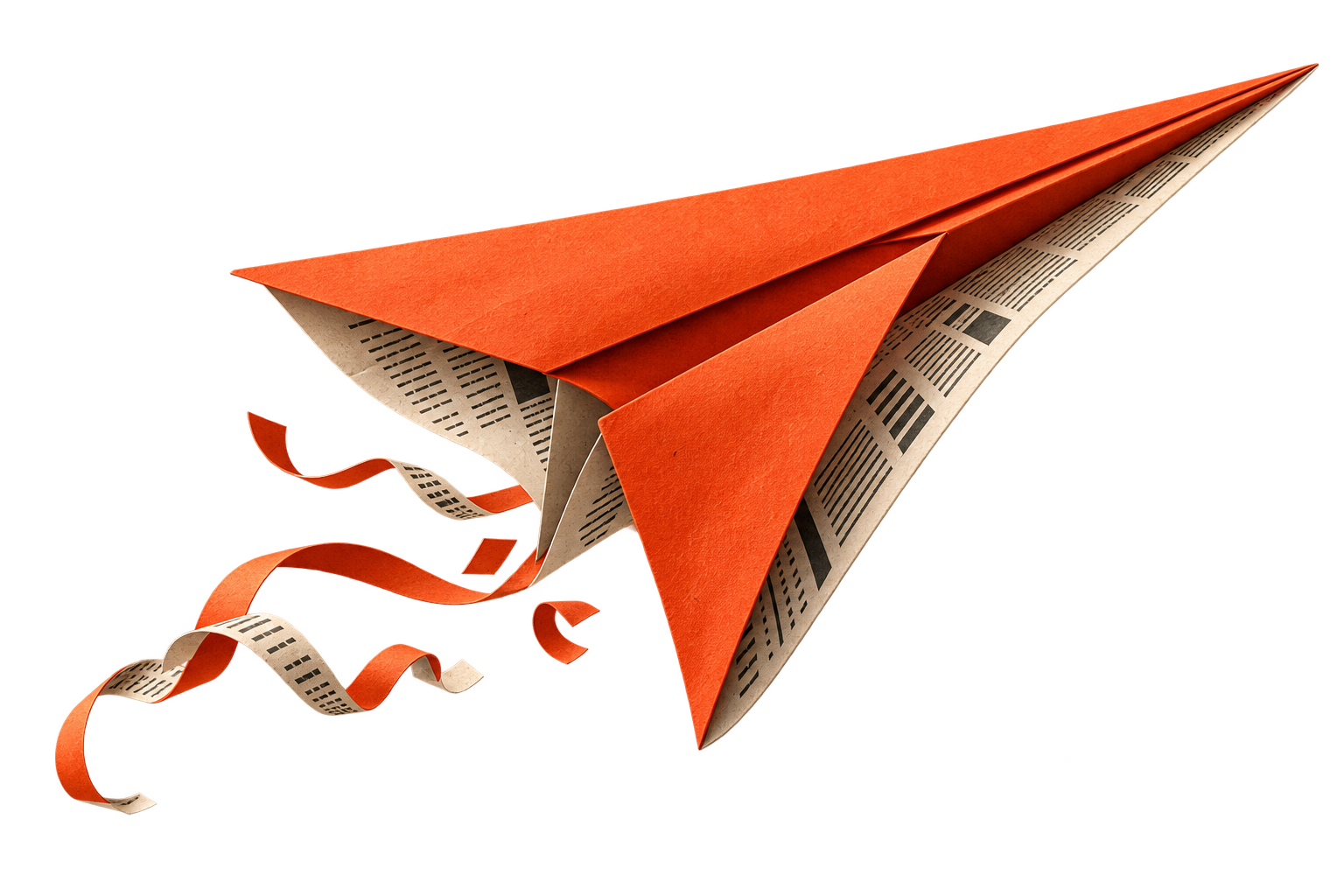 A sculptural orange paper plane folded from editorial pages, carrying an idea into the world.